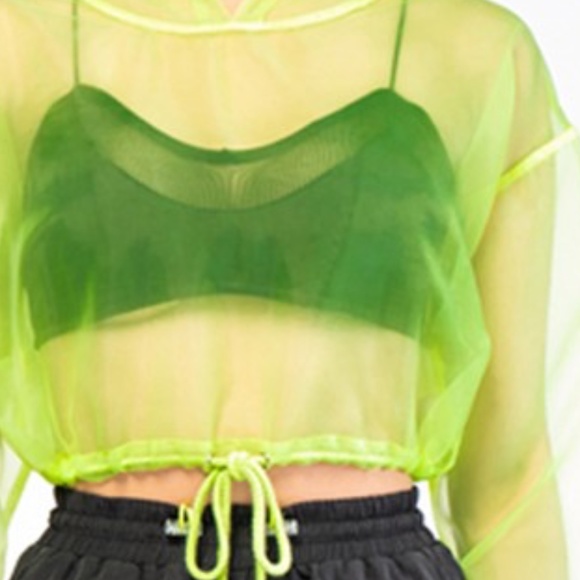 Organza Sheer Mesh Cropped Hoodie - Neon Green - Picture 3 of 4